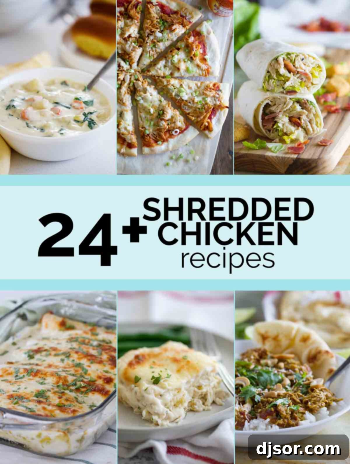 A vibrant collage showcasing a variety of delicious and easy shredded chicken recipes, designed for quick and convenient meals.