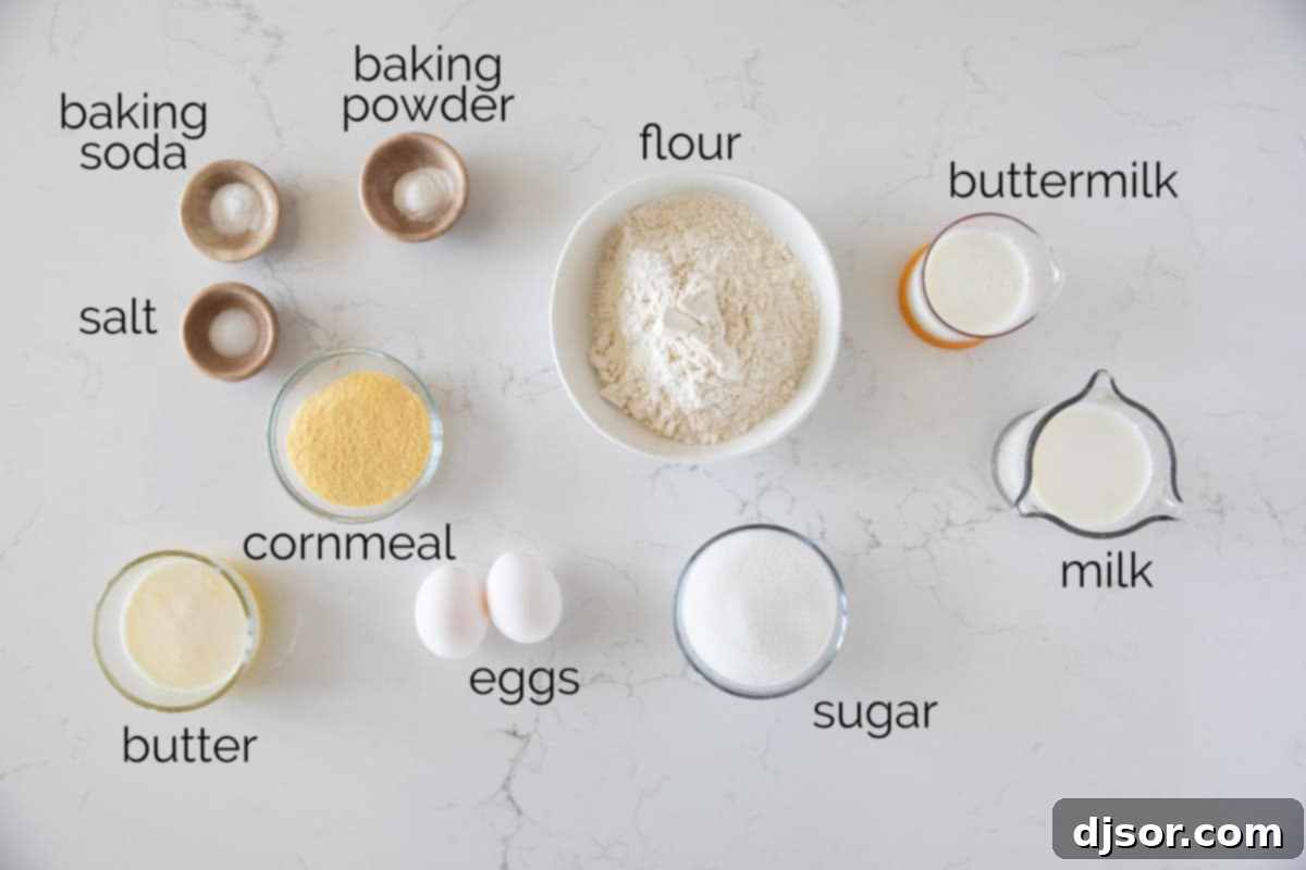 Ingredients for Homemade Cornmeal Pancakes A selection of fresh ingredients laid out on a kitchen counter, ready for making Cornmeal Pancakes.