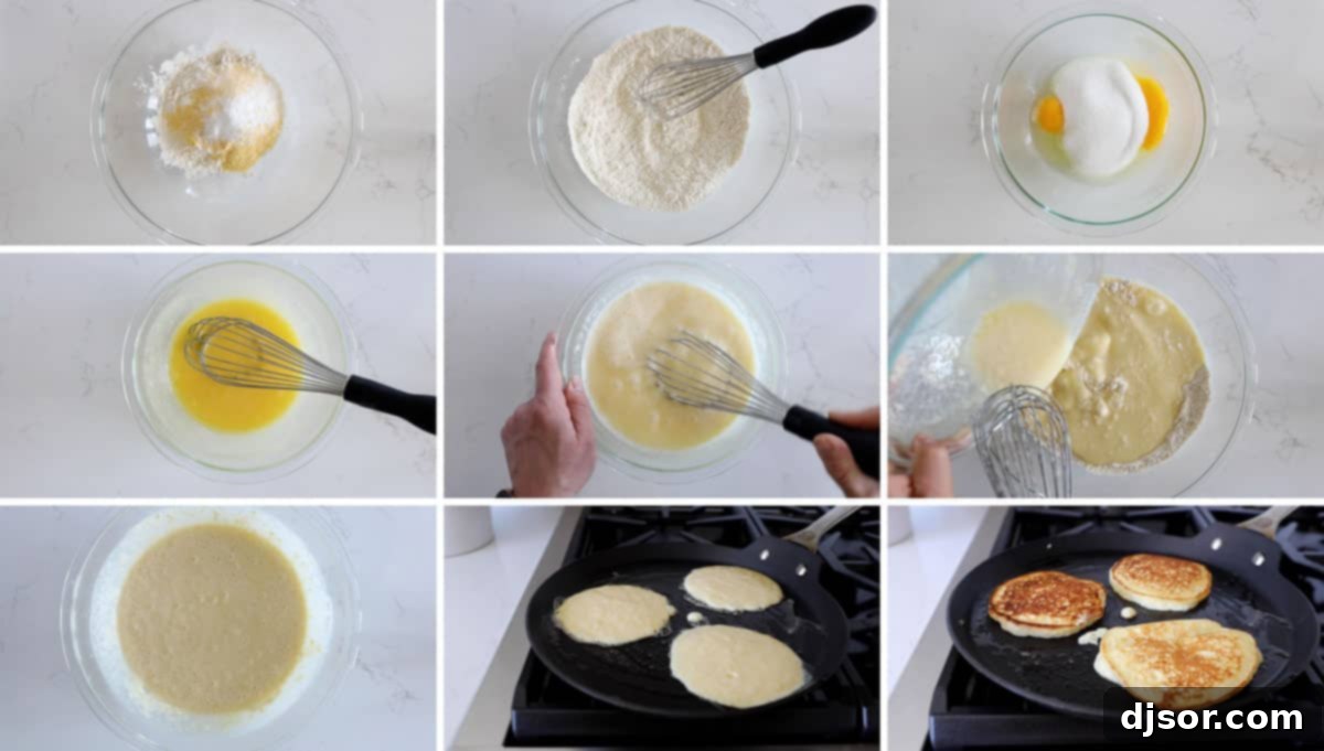 Step-by-Step Cornmeal Pancake Preparation Hands demonstrating the steps for mixing and preparing cornmeal pancake batter in bowls.