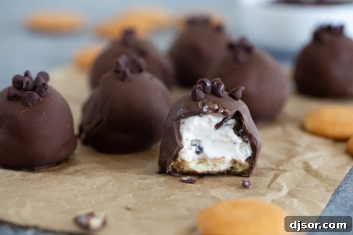 Mini Ice Cream Indulgences 2 Ice cream bonbons covered in chocolate, with a bite taken from one.