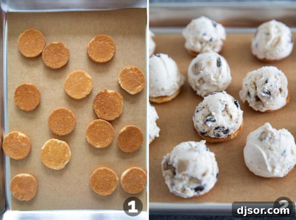 Mini Ice Cream Indulgences 4 Laying out cookies and adding ice cream to the tops of the cookies to make ice cream bonbons.