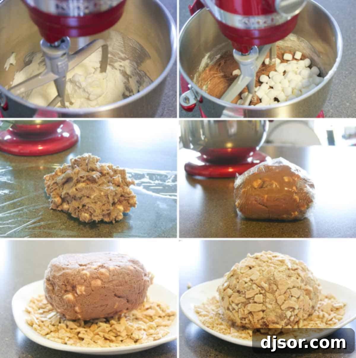 Step-by-step process of making a S'mores Cheese Ball, showing mixing, shaping, and coating.