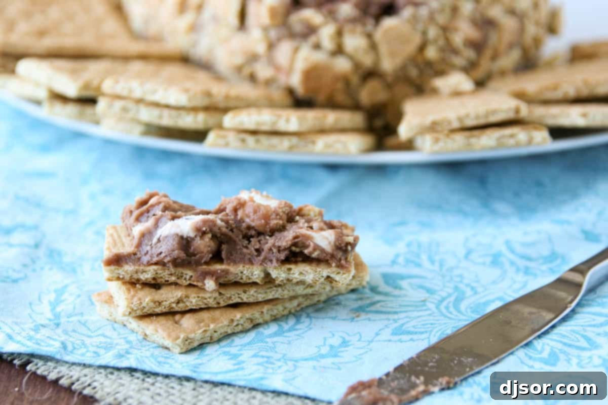A S'mores cheese ball spread on a piece of graham cracker, showcasing its creamy texture.