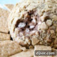 S'mores cheese ball with a scoop taken out to show the center.