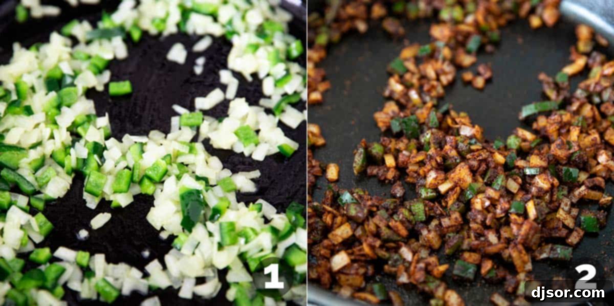 Sautéing onions, poblano peppers, and taco seasoning in a cast iron skillet for the Taco Skillet recipe.