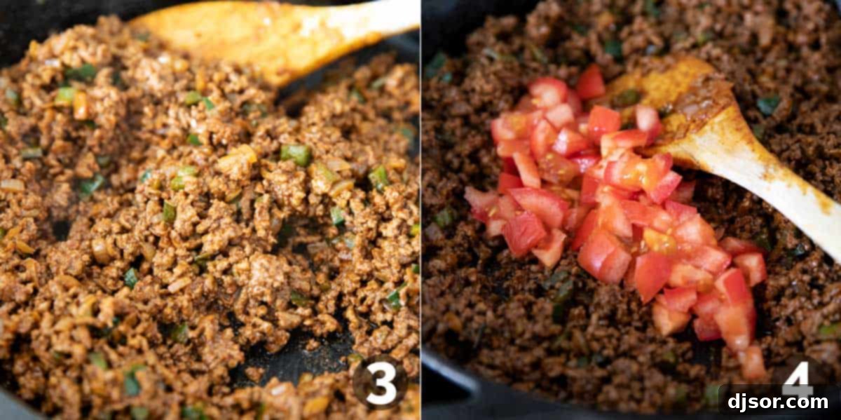 Browning ground beef and adding fresh tomatoes to the skillet mixture for the Taco Skillet recipe.