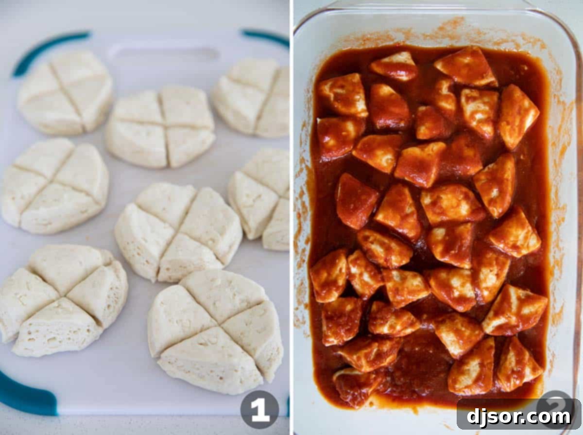 Weeknight Taco Fiesta 2 Biscuits being coated in taco sauce in a baking dish, preparing for the taco casserole.