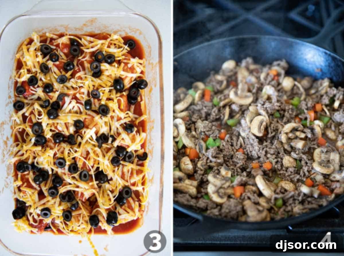 Weeknight Taco Fiesta 3 Assembling the Taco Casserole layers, showing biscuits coated in sauce with cheese and olives.