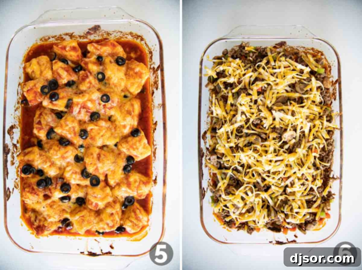 Weeknight Taco Fiesta 4 Taco casserole baking in the oven, with ground beef mixture being added as a layer.