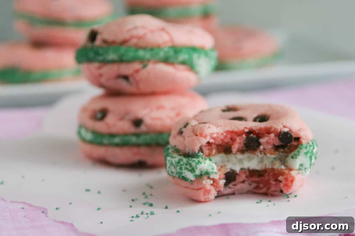 These Watermelon Cake Mix Cookie Sandwiches look like summer! Strawberry cake mix cookies are studded with chocolate chips, filled with buttercream frosting, and rolled in green sugar. A Watermelon Cake Mix Cookie Sandwich with a bite taken out, revealing creamy frosting and chocolate chips, with more cookies stacked behind.