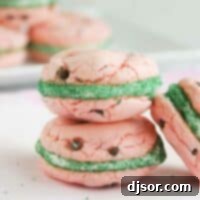 Watermelon Cake Mix Whoopie Pies 2 Watermelon Cake Mix Cookie Sandwiches stacked on top of each other