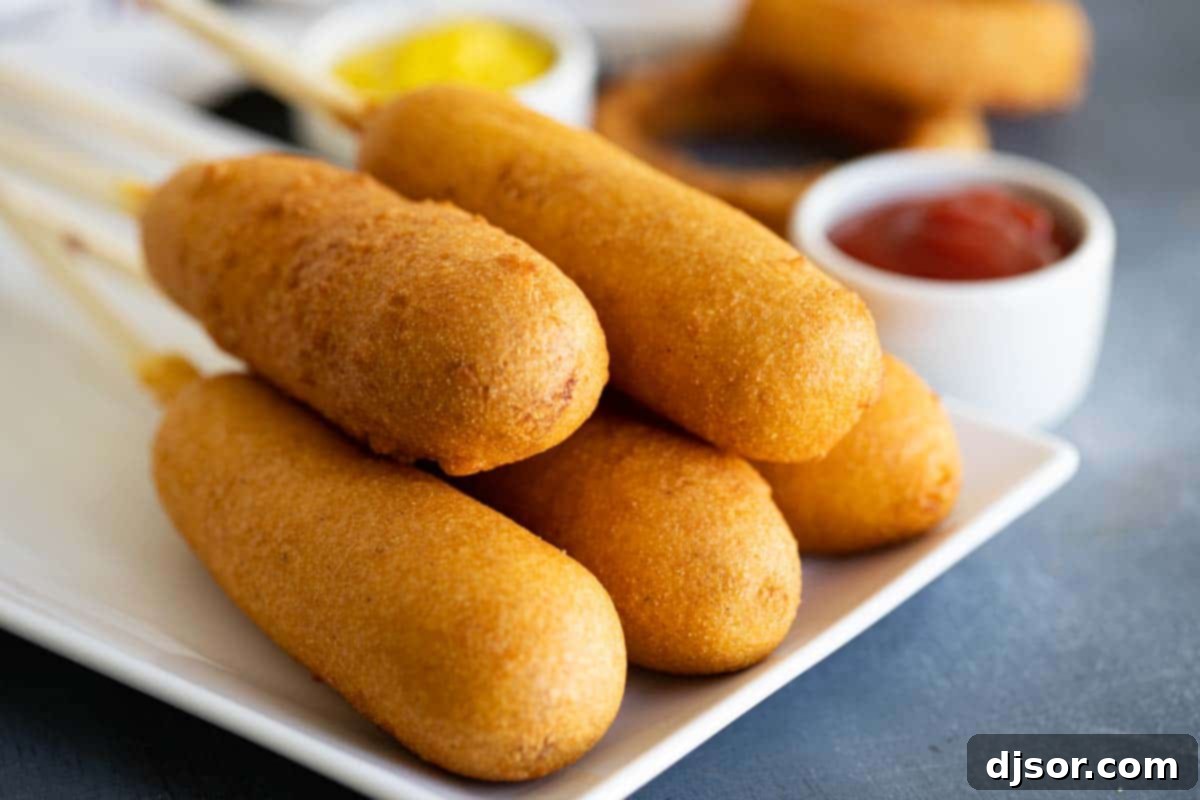 Crispy homemade corn dogs served on a plate with classic condiments like ketchup and mustard