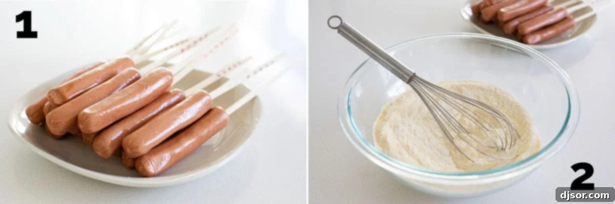 Various corn dog ingredients including hot dogs, cornmeal, flour, milk, and eggs laid out on a kitchen counter