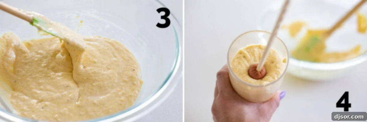 A visual step-by-step of preparing corn dog batter and dipping hot dogs into a tall cup