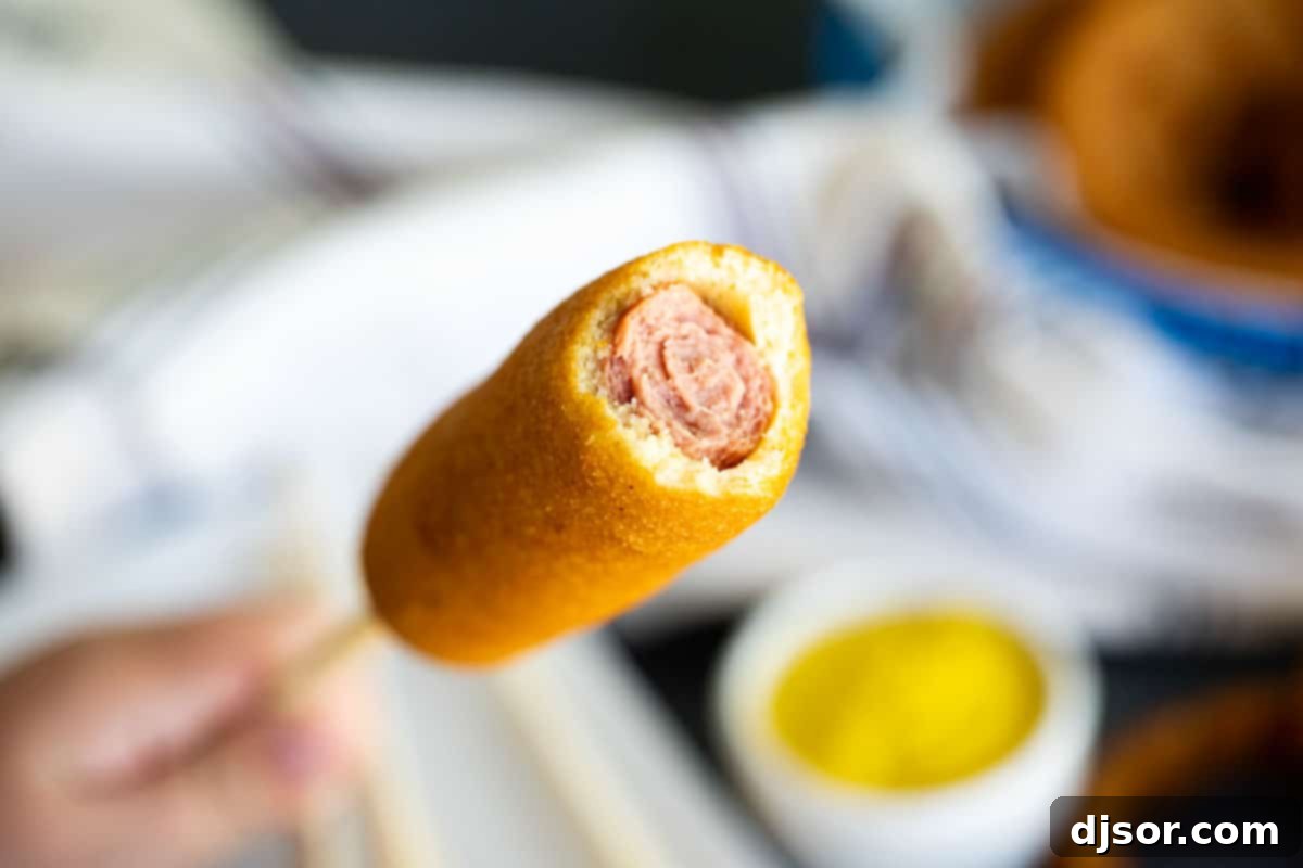 A perfectly cooked homemade corn dog with a bite taken out, revealing the juicy hot dog inside