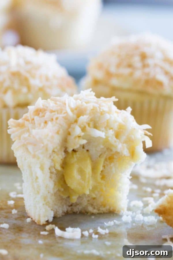 Coconut Cloud Cupcakes 4 Close-up of a filled coconut cupcake, revealing the creamy coconut pastry cream inside