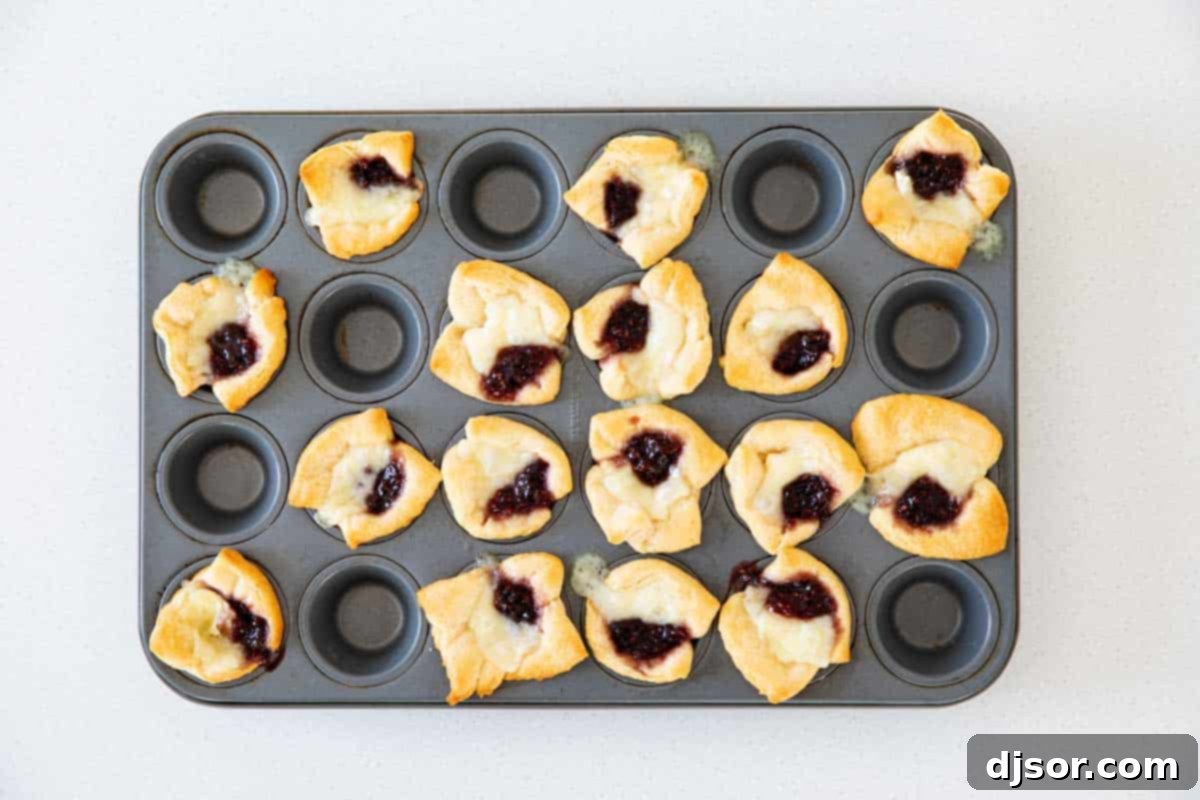 Freshly Baked Raspberry Brie Bites Baked Brie Bites - golden brown with melted cheese