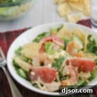 Shrimp and Corn Salad topped with tortilla chips