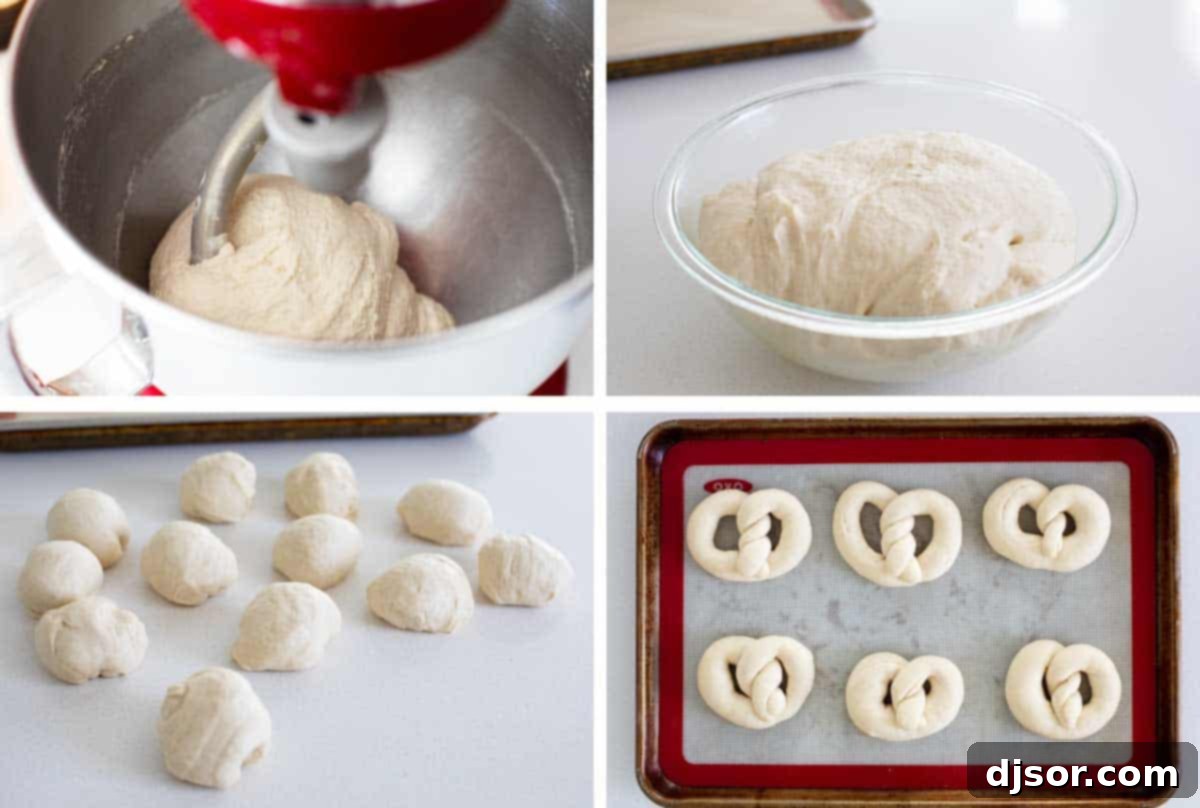 Step-by-step photos demonstrating the process of making soft pretzels, from dough to shaping