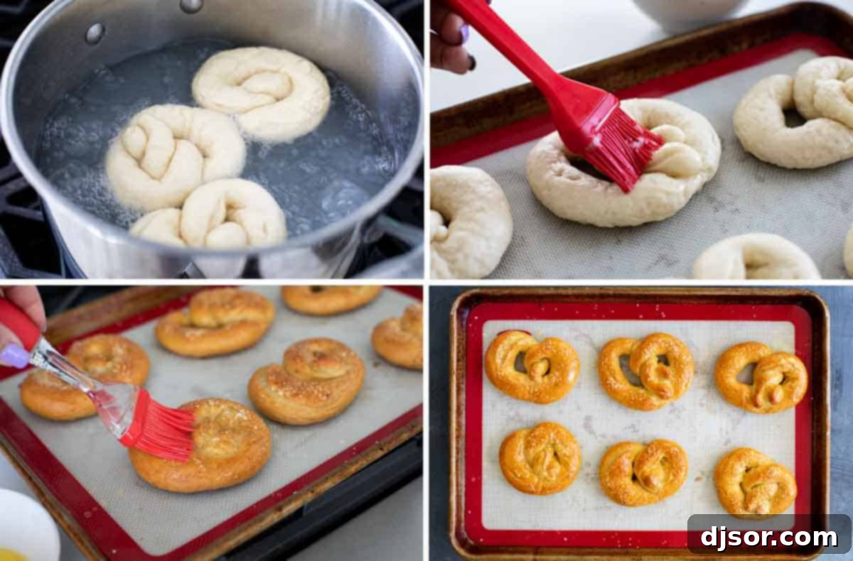 Close-up view of shaped pretzel dough on a baking sheet before boiling