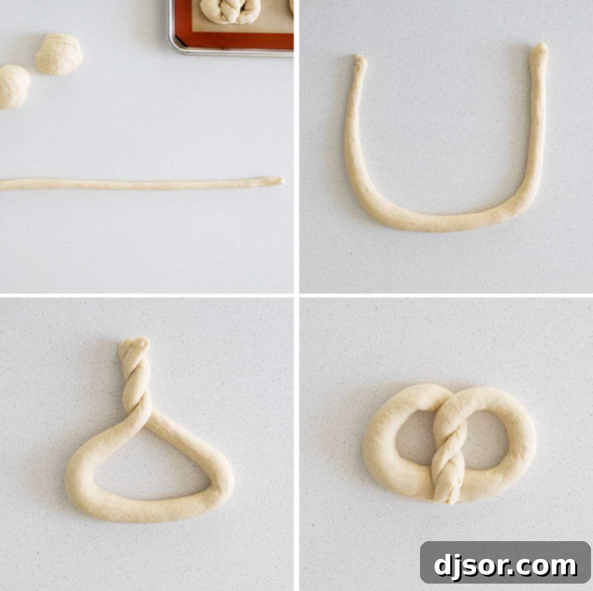 Detailed visual instructions on how to shape homemade pretzels