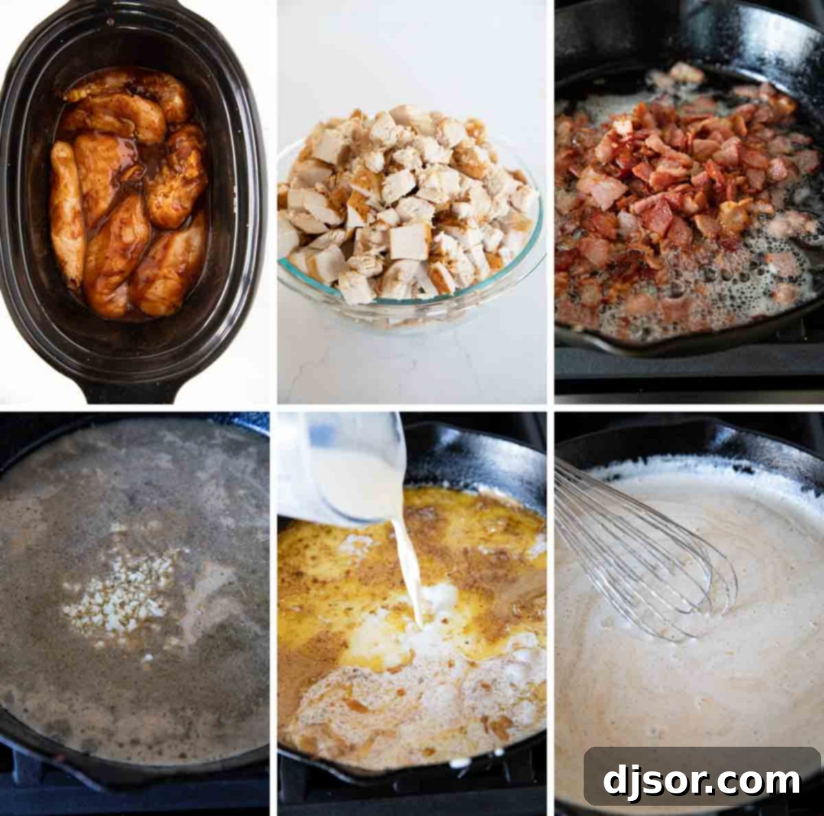 A visual step-by-step guide showcasing the preparation of the tender chicken, crispy bacon, and luscious creamy sauce for Chicken Bacon Pasta. Six photos showing steps to make chicken, bacon, and creamy sauce.
