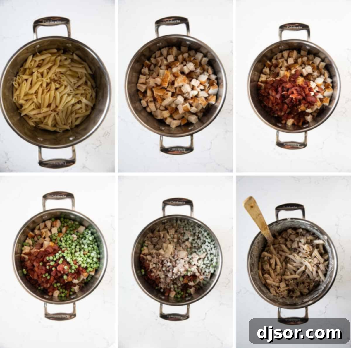 A series of close-up photos illustrating the process of combining the cooked pasta, chicken, bacon, peas, and creamy sauce in a large pot before transferring to baking dishes. Step photos showing combining ingredients for Chicken Bacon Pasta.