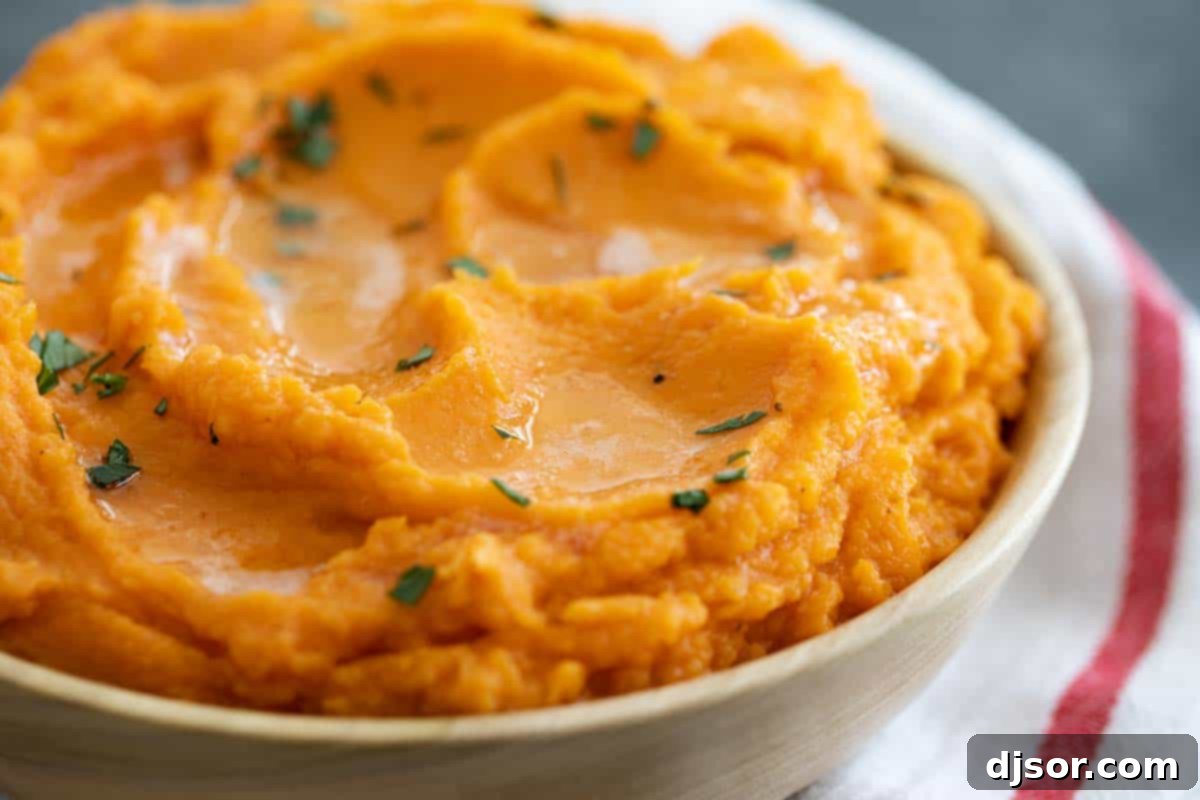 The exquisite creamy texture of Mashed Sweet Potatoes with Brown Butter, ready to be enjoyed. Close-up on the inviting texture of perfectly mashed sweet potatoes, showcasing their creamy and fluffy consistency.