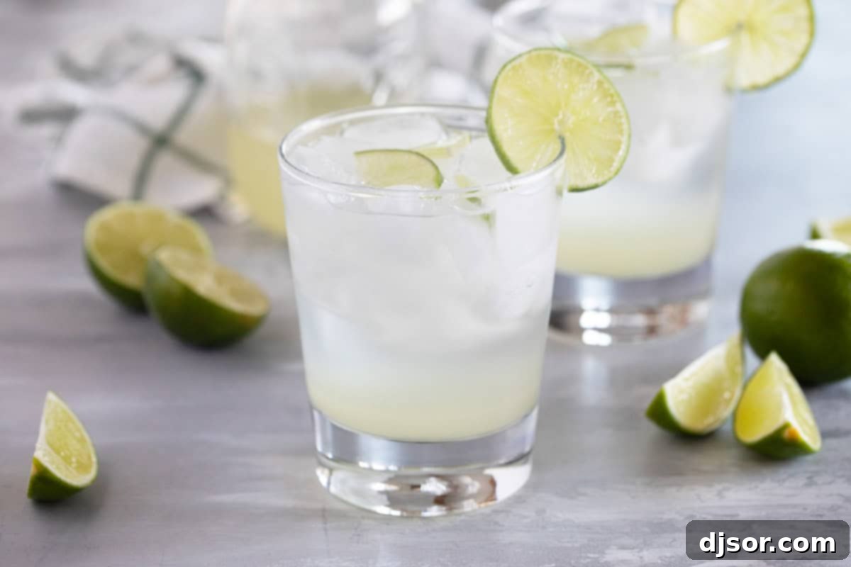 Glass of sparkling ginger limeade in a glass with ice and lime slices. A perfectly balanced and refreshing drink for any occasion.