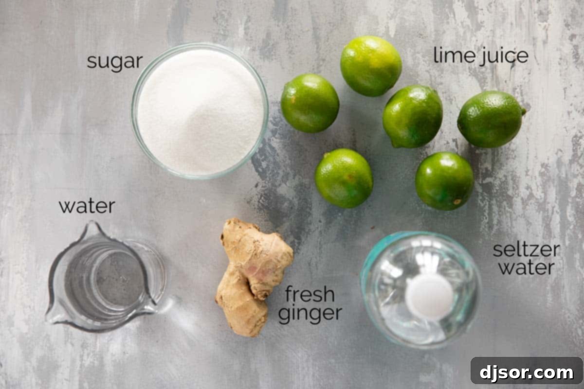 Ingredients laid out to make Ginger Limeade: fresh ginger, limes, sugar, and water. Essential components for a delightful homemade drink.