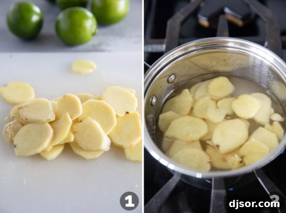 Cutting ginger into coins and making ginger simple syrup.
