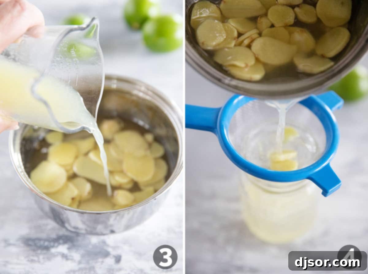 Making a ginger lime simple syrup for ginger limeade.