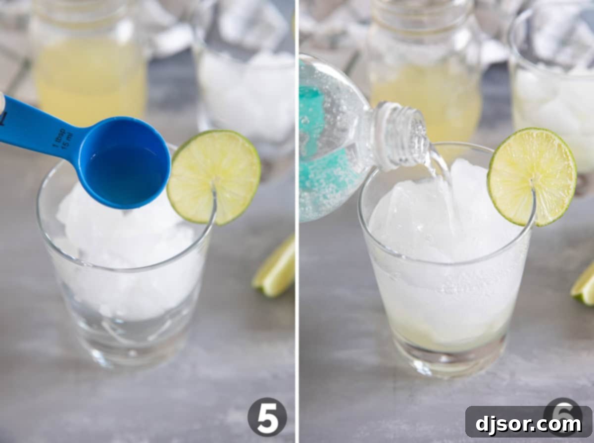 Sparkling ginger limeade being assembled: homemade syrup is added to a glass with ice, then topped with seltzer water, ready to be stirred and served.