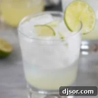 Glass of ginger limeade with a lime slice on the glass.