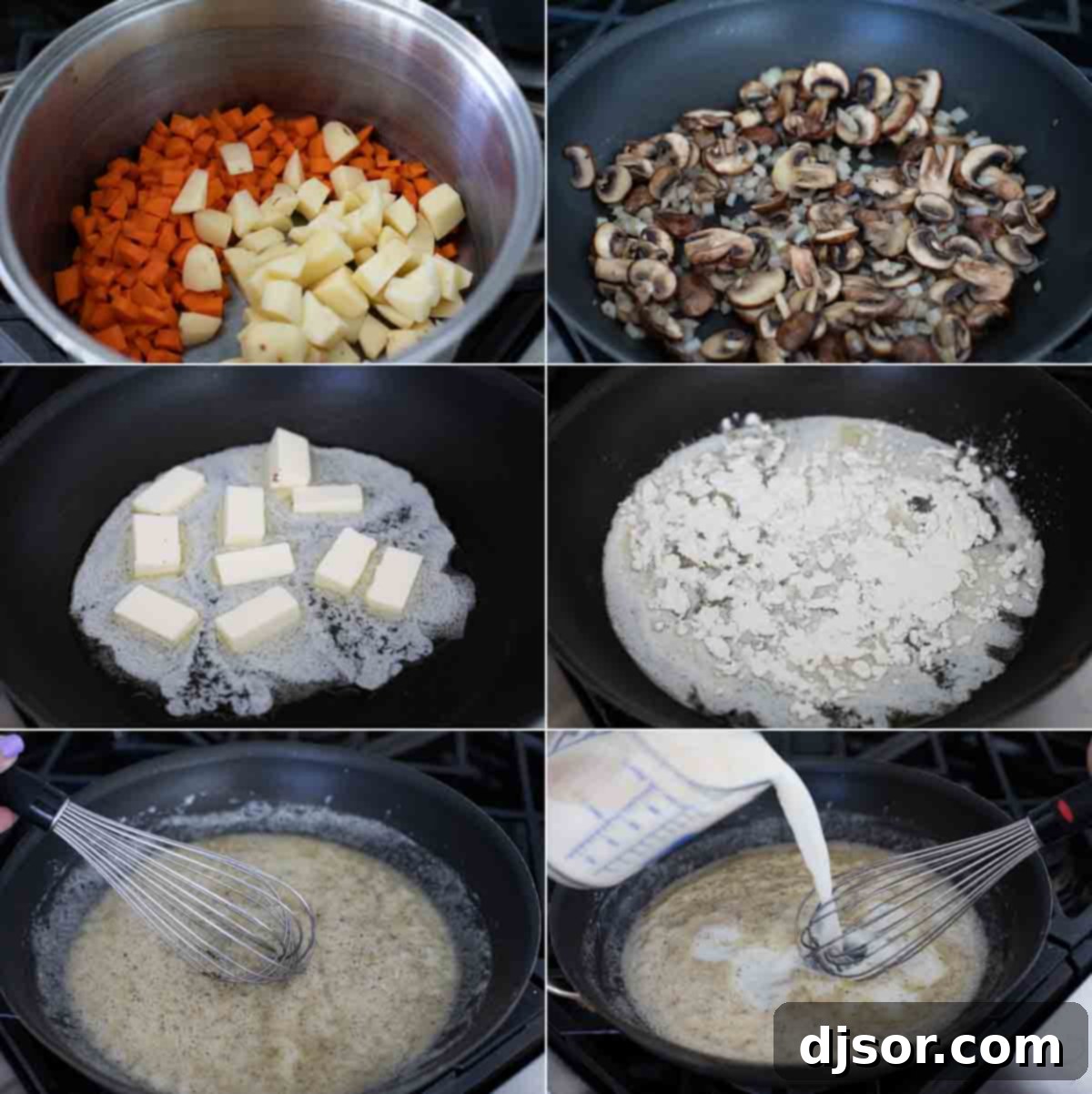 Chicken Pot Pie Preparation Steps: From Ingredients to Filling A series of step-by-step images showing the process of making homemade chicken pot pie, from preparing vegetables to mixing the filling.