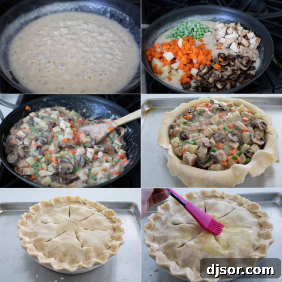 Making Chicken Pot Pie: Gravy and Filling Preparation Detailed progress shots of the homemade chicken pot pie preparation, focusing on the creamy gravy and the mixed filling.
