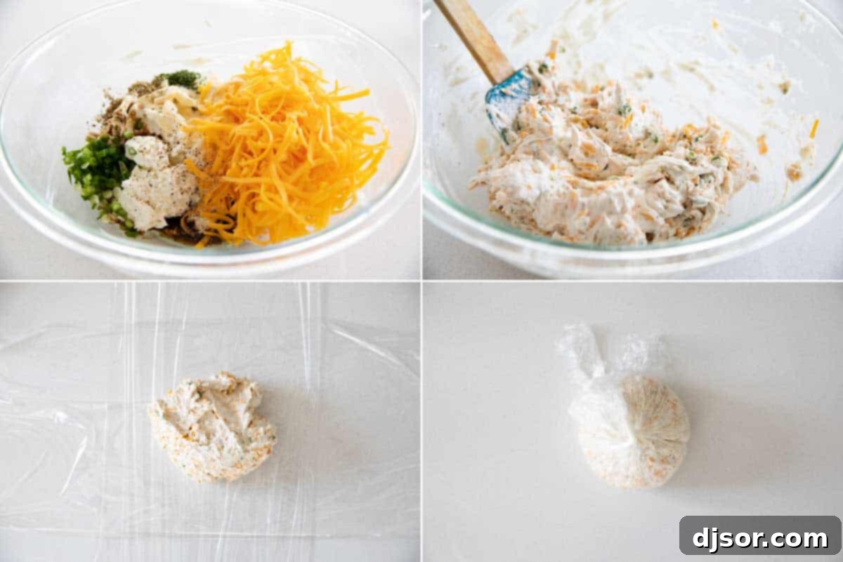 A classic appetizer that is perfect for a party, this Cheese Ball Recipe is the only one you’ll need! Filled with cheese and spices and coated in pecans, it is always a crowd favorite. A step-by-step visual guide showing the process of mixing cheese ball ingredients in a bowl, then shaping the mixture into a perfect sphere using plastic wrap, demonstrating the ease of preparation for this classic appetizer recipe.