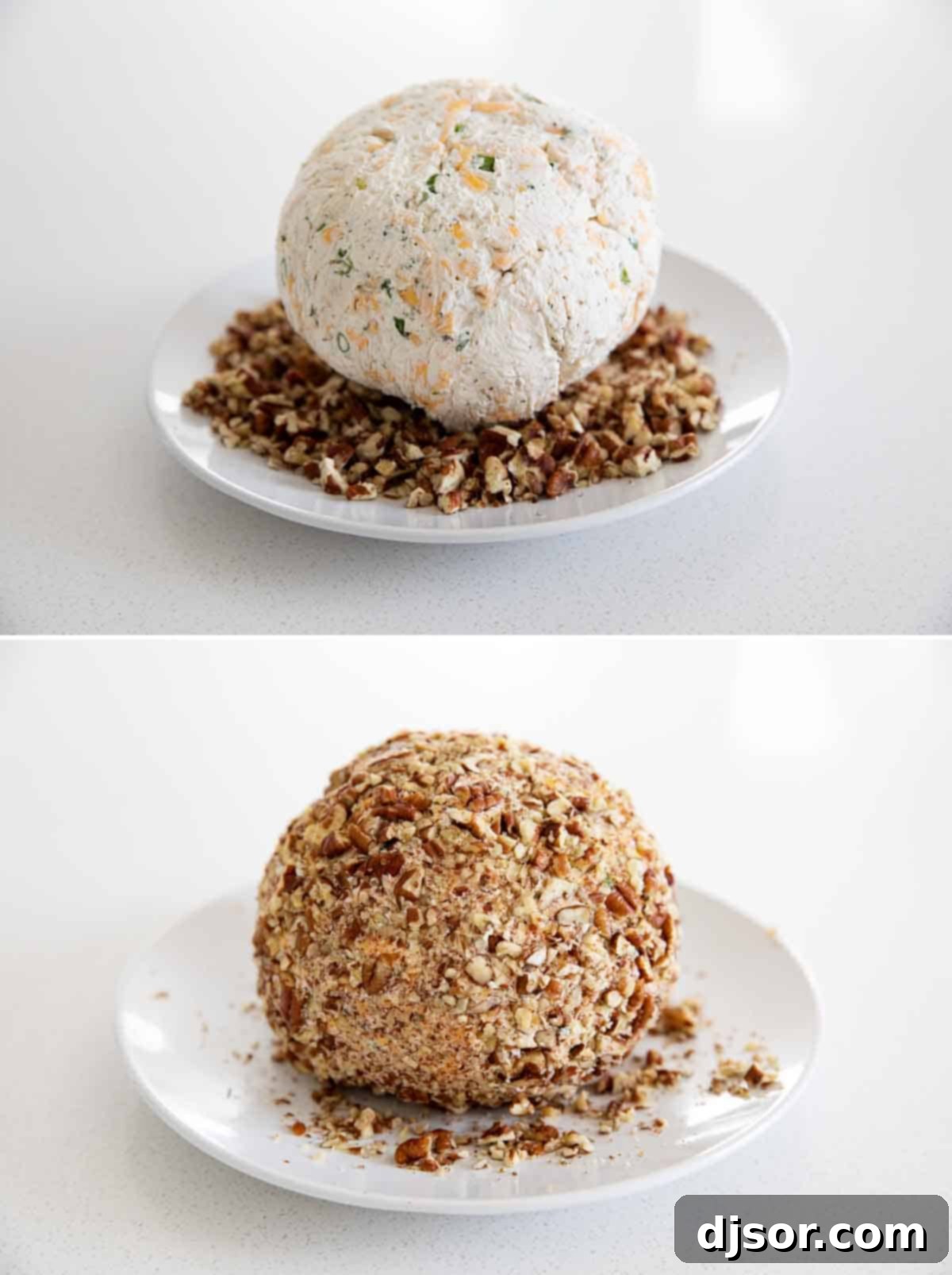 A classic appetizer that is perfect for a party, this Cheese Ball Recipe is the only one you’ll need! Filled with cheese and spices and coated in pecans, it is always a crowd favorite. Hands carefully rolling a firm, chilled cheese ball into a mound of finely chopped pecans on a flat plate, ensuring every surface is completely coated for a perfect crunchy exterior. This step adds essential texture and flavor to the cheese ball.