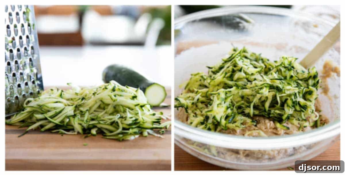 The best classic Zucchini Bread Recipe! A great way to use up that surplus of zucchini, this quick bread recipe is easy and perfectly spiced. Hands grating fresh zucchini and mixing it into a bowl of zucchini bread batter.