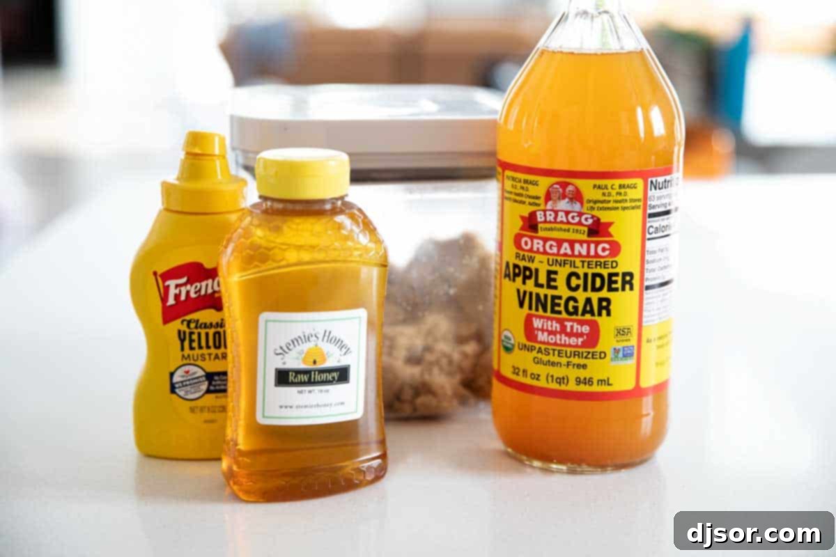 Ingredients for Easy Ham Glaze The four simple ingredients for homemade brown sugar ham glaze.