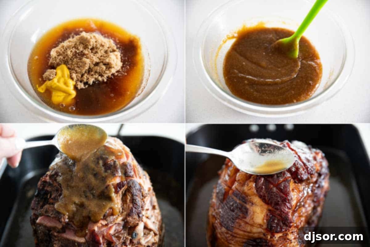 Basting the Ham with Glaze Step-by-step process of applying brown sugar glaze to a ham.