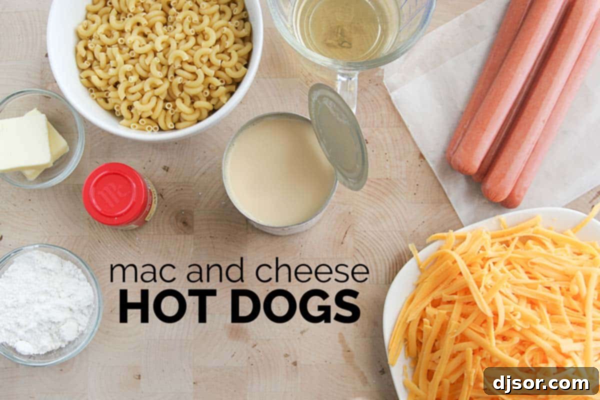 A close-up of ingredients meticulously arranged for Mac and Cheese Hot Dogs recipe preparation.