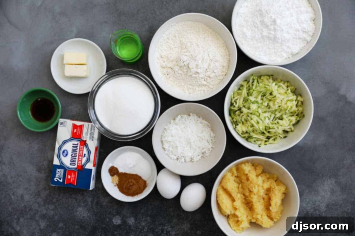 A collection of fresh ingredients laid out on a table, including grated zucchini, crushed pineapple, flour, eggs, and spices, ready for making Zucchini Cake with Cream Cheese Frosting.