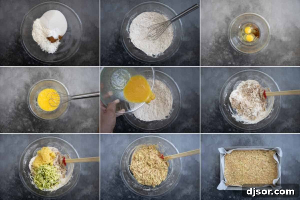 A series of step-by-step images showing the process of mixing dry and wet ingredients for Zucchini Cake, then adding zucchini and pineapple.