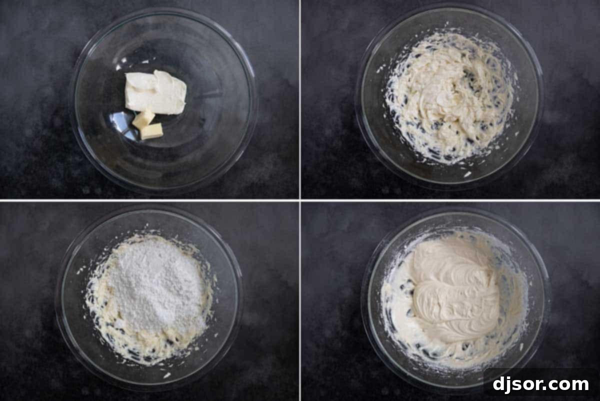 Ingredients for cream cheese frosting, including cream cheese, butter, powdered sugar, and vanilla extract, ready to be combined.