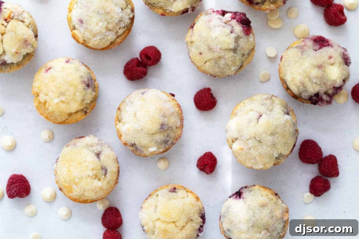 Sweet raspberries and creamy white chocolate make these Raspberry Muffins with White Chocolate Chips a special breakfast treat! They are soft and moist and perfectly sweet. overhead view of muffins with raspberries and white chocolate chips