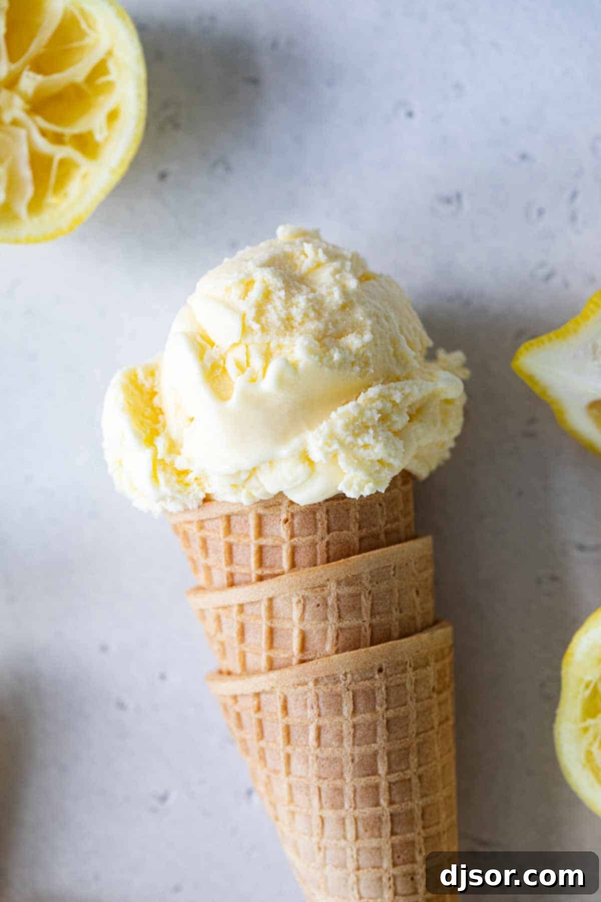 Lemon ice cream on a sugar cone