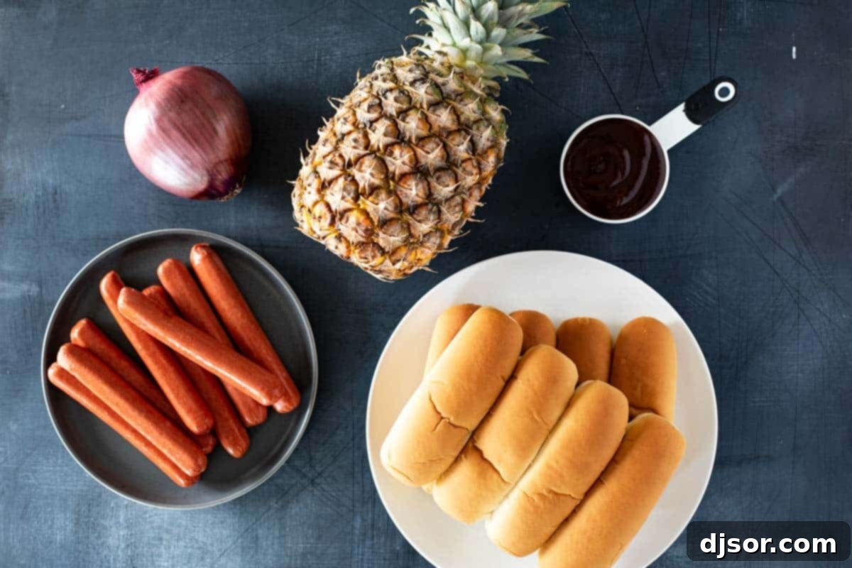 Pineapple Paradise Dogs 3 Ingredients for Hawaiian Hot Dogs ready for preparation.