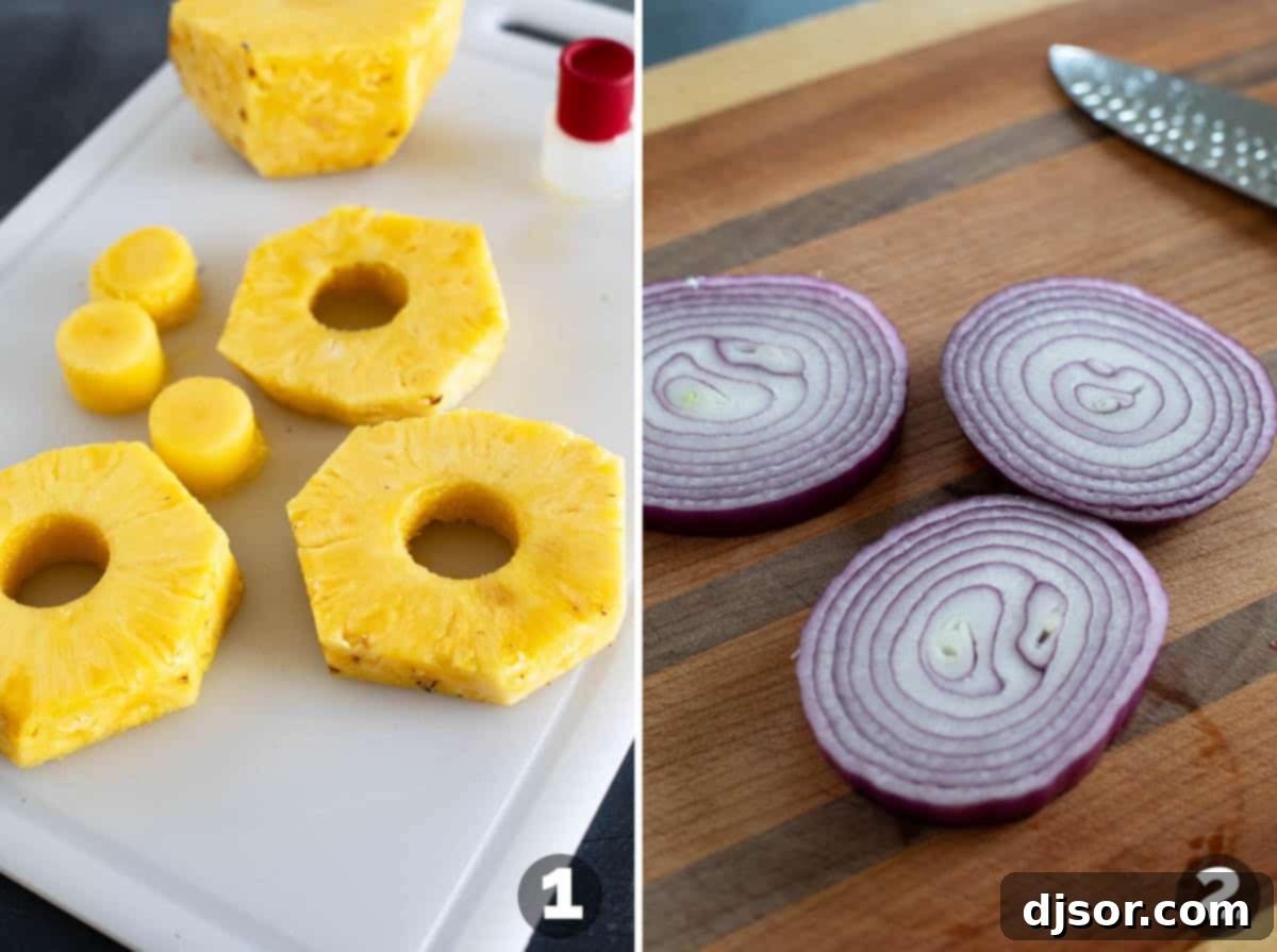 Pineapple Paradise Dogs 4 Cutting rings of pineapple and slices of red onions.