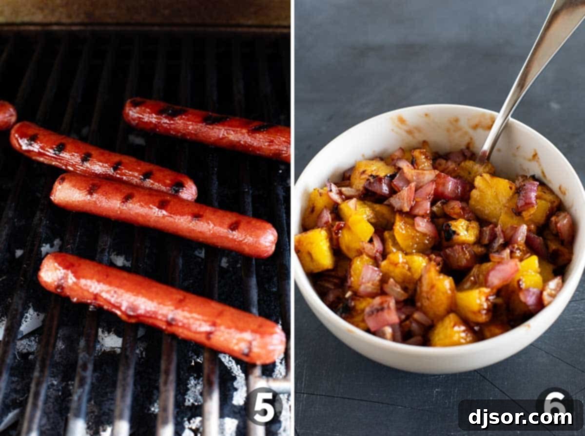 Pineapple Paradise Dogs 6 Hot dogs sizzling on the grill next to a bowl of diced pineapple and onion toppings.
